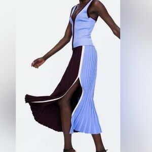 Zara Knit Midi Ribbed Accordian Skirt Burgandy/blue Sz L
